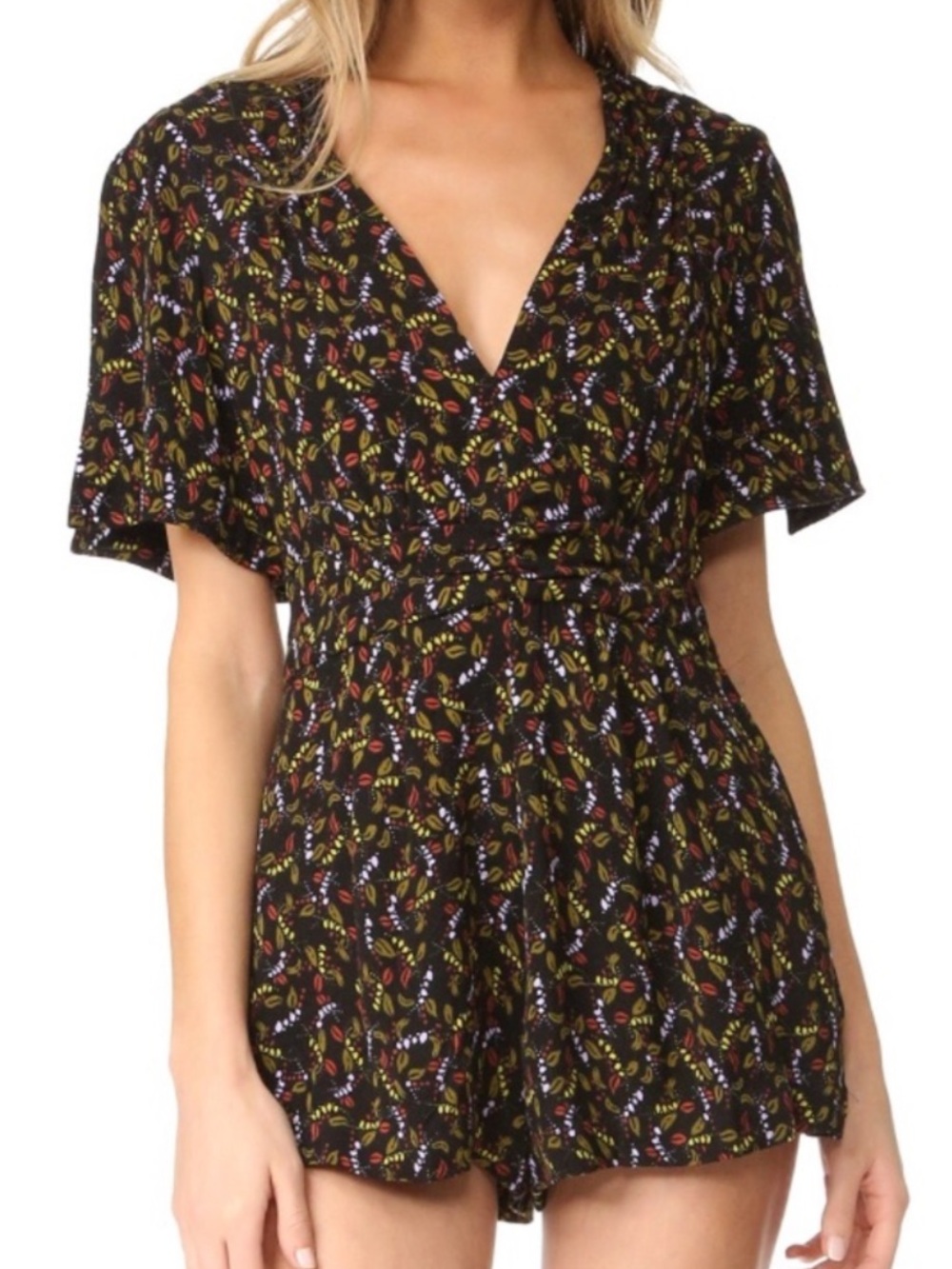 Free People leaf print, black romper size 0 with flutter sleeves